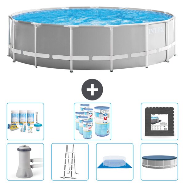 Piscina Intex Round Prism Frame - 457 x 122 cm - Grigio - inclusa pompa - scaletta - telo di fondo - pacchetto di manutenzione della copertura - filtro - piastrelle per il pavimento