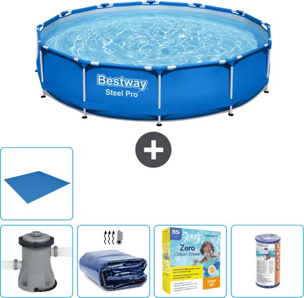 Piscina Bestway Round Steel Pro - 366 x 76 cm - blu - pompa inclusa - tenda da sole - pacchetto manutenzione - filtro - telo di fondo