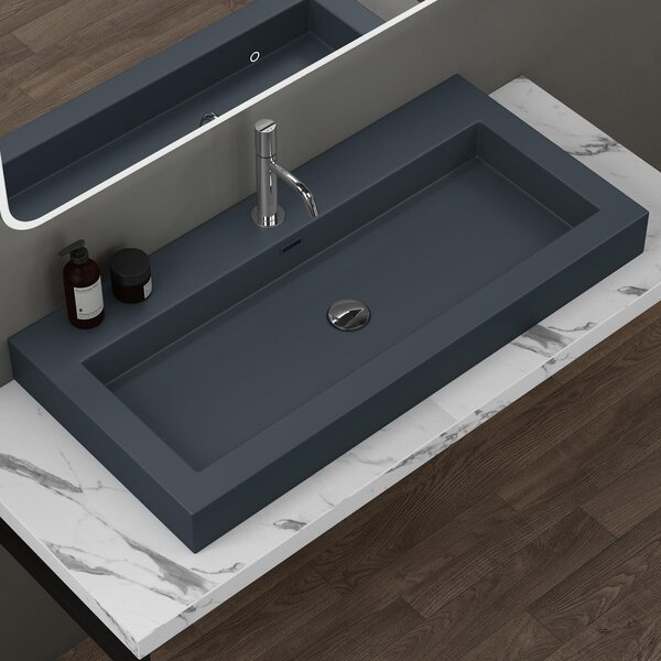 Doporro Lavabo da Appoggio Rettangolare, Lavabo Bagno Sospeso con Foro Rubinetto e Troppopieno in Marmo Resina Antracite Opaco, Lavandino Bagno 100x48x10cm Colossum18