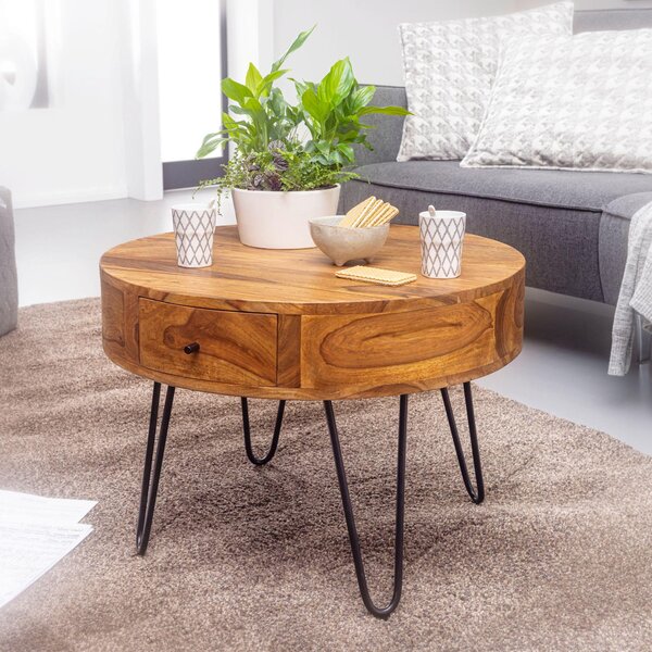 Tavolino Sheesham legno massiccio / metallo 60x44,5x60 cm tavolo soggiorno, tavolino design con cassetti, tavolino soggiorno rotondo marrone