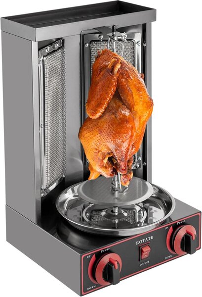 Griglia per kebab/shawarma - Girarrosto verticale - Alimentazione a gas - 2 bruciatori - Riscaldamento a infrarossi - Rotazione a 360° - Capacità 8 kg - Nero