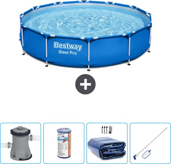 Piscina Bestway Round Steel Pro - 366 x 76 cm - blu - inclusa pompa - filtro - vela solare - kit di pulizia