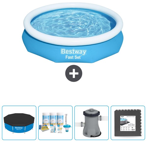 Bestway piscina gonfiabile rotonda ad ambientazione rapida - 305 x 66 cm - blu - include copertura - pacchetto manutenzione - pompa - piastrelle per il pavimento