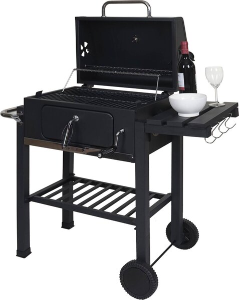Carrello barbecue MCW-K93, barbecue a carbonella da terra con coperchio e ripiani, in acciaio, 110x100x51 cm, nero