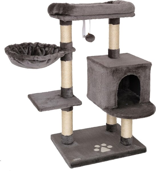Tiragraffi lionto 93 cm con grotta, abbeveratoio, palla da gioco e paletti in sisal, albero per gatti compatto, grigio scuro