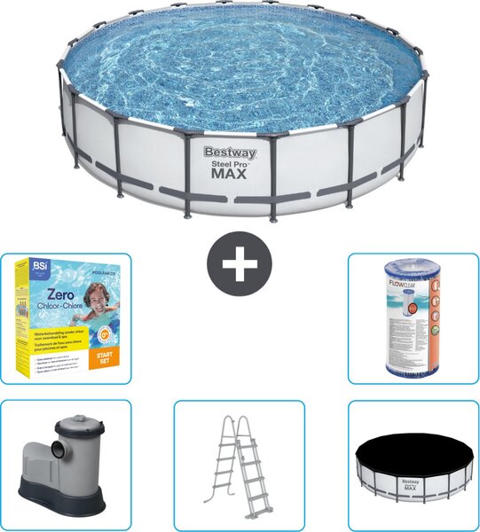 Piscina Bestway Round Steel Pro MAX - 549 x 122 cm - grigio - inclusa pompa - scala - copertura pacchetto manutenzione - filtro
