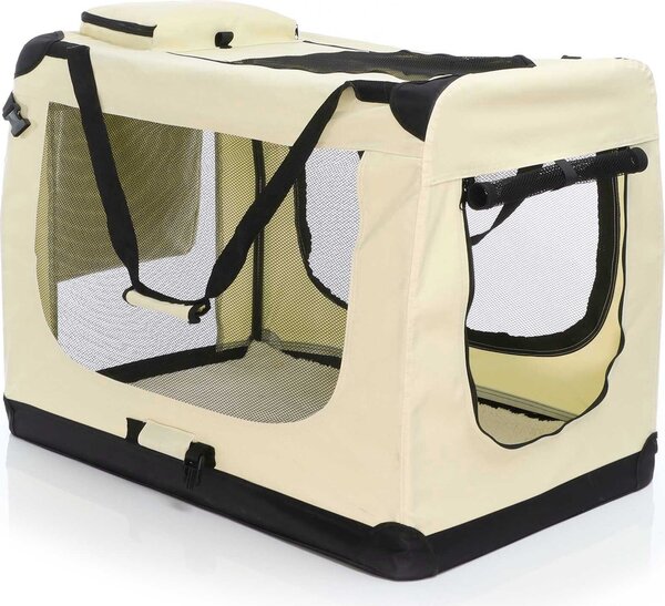 Fudajo Box pieghevole per cani, gatti XXL (90x60x64cm), robusto, leggero, sicuro, box per cani con maniglia di trasporto e coperta, beige