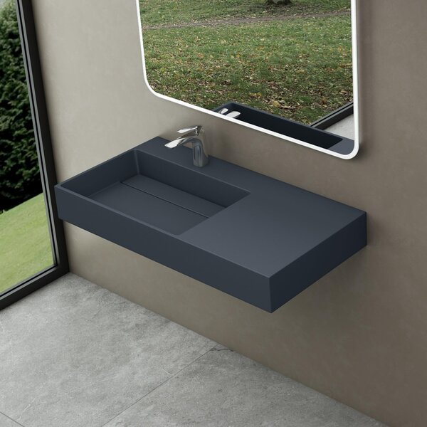 Doporro Lavabo Bagno Sospeso Lavabo da Appoggio Rettangolare in Marmo Resina Antracite Opaco, Vasca a Sinistra 90x48x13 cm con 1 Foro Rubinetto e Piletta Scarico, Colossum12