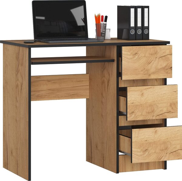 BDW, scrivania per computer con 3 cassetti, cassetto per tastiera, 90x77x50 cm, rovere Craft (destra)