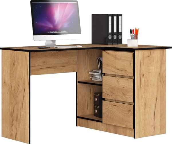 BDW, scrivania angolare destra, 3 cassetti, 4 ripiani, rovere artigianale destra