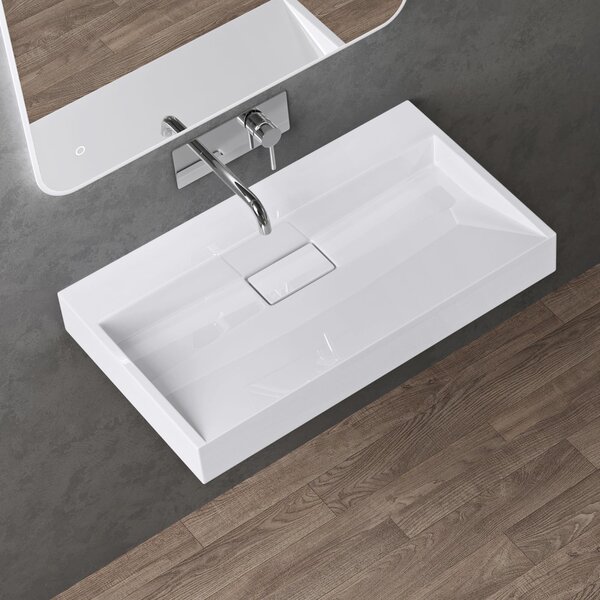 Doporro Lavabo da Appoggio Bagno Sospeso Lavandino Rettangolare in Marmoresina con Piletta di Scarico Inclusa Colossum19, 70x46x11 cm Bianco Lucido Senza Foro per Rubinetto