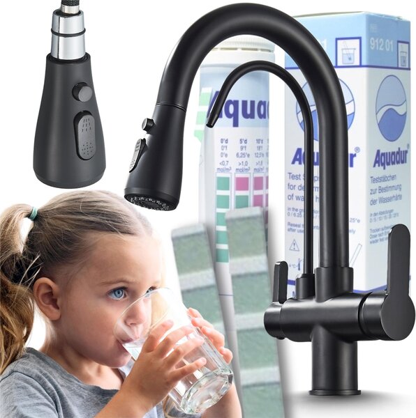Rubinetto da cucina Ari Nordic a 3 vie, con doccetta estraibile, girevole 360 gradi, nero opaco, per filtro acqua
