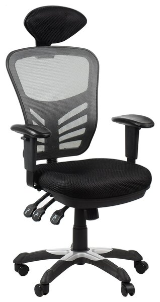 Sedia da ufficio ergonomica girevole HG-0001H, base in nylon, braccioli regolabili, poggiatesta, nero/grigio