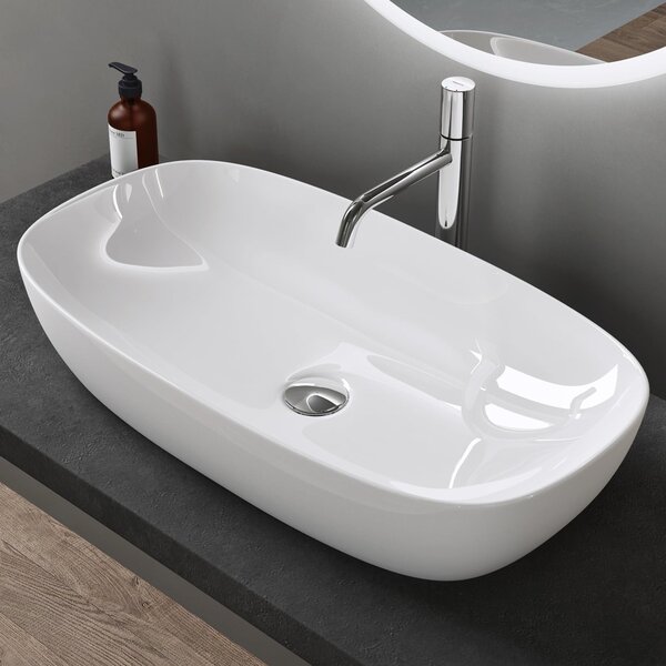 Doporro Lavabo da Appoggio in Vetroceramica Bianco Lucido 70 cm, Lavandino Bagno Brüssel104