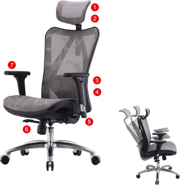 Sedia da ufficio SIHOO sedia da scrivania, ergonomica, braccioli regolabili, portata 150 kg ~ rivestimento grigio, struttura nera