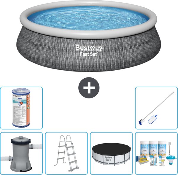 Piscina gonfiabile rotonda Bestway ad ambientazione rapida - stampa rattan - 457 x 107 cm - inclusa pompa - copertura a scaletta - pacchetto manutenzione - filtro - kit pulizia