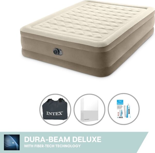 Letto gonfiabile Intex - 2 persone - 152 x 203 x 46 cm - Beige - Con pompa incorporata + lenzuola bianche + set di riparazione