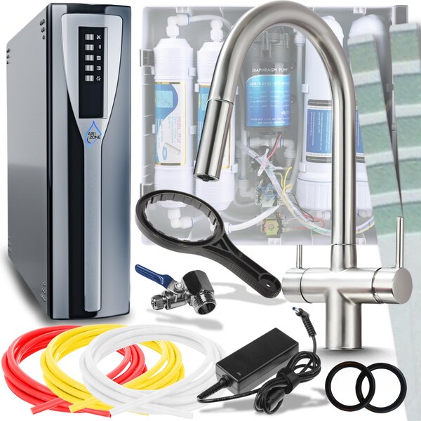 Miscelatore da cucina Ari Slender a 3 vie, in acciaio inossidabile spazzolato, flessibile, estraibile a 360°, con filtro per acqua a osmosi inversa RO Pad