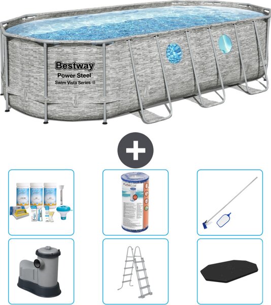 Piscina Bestway Oval Power Steel Swim Vista - stampa su pietra - 549 x 274 x 122 - inclusa pompa - scala - copertura pacchetto manutenzione - filtro - kit pulizia