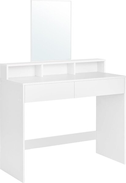 Tavolino da toilette Vasagle, con grande specchio, tavolino da toilette, 2 cassetti, 3 vani a giorno, moderno, bianco
