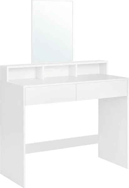 Tavolino da toilette Vasagle, con grande specchio, tavolino da toilette, 2 cassetti, 3 vani a giorno, moderno, bianco