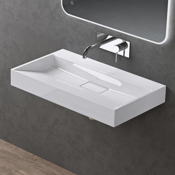 Doporro Lavabo da Appoggio Bagno Sospeso Lavandino Rettangolare in Marmoresina con Piletta di Scarico Inclusa Colossum19, 80x46x11 cm Bianco Lucido Senza Foro per Rubinetto