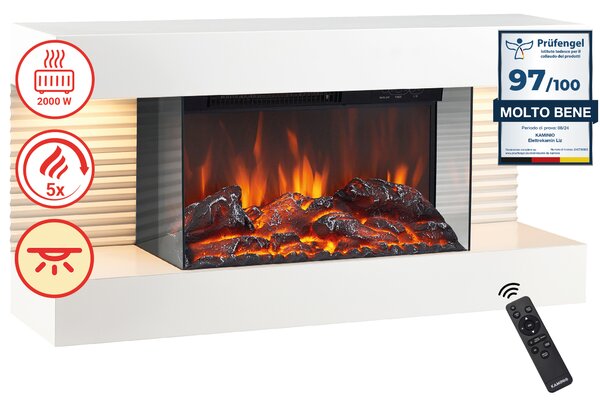 KAMINIO Camino elettrico LIZ - Caminetto elettrico da parete con riscaldamento, effetto fiamma 3D, luce ambiente a LED, telecomando - Bianco