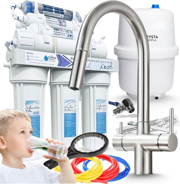 Rubinetto da cucina a 3 vie Ari Slender, acciaio inox spazzolato, con doccetta estraibile, doppia uscita per filtro acqua, monocomando girevole