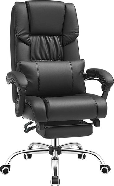 Sedia da ufficio SONGMICS con poggiapiedi e cuscino lombare, con rotelle, imbottita, ergonomica, girevole, Pelle finta, nera, OBG71B