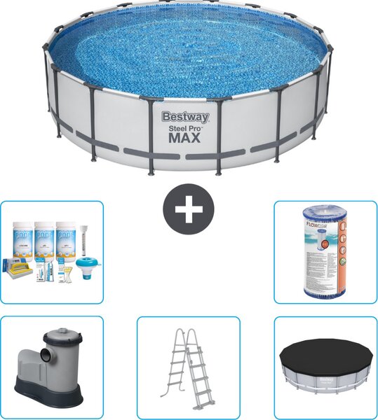 Piscina Bestway Round Steel Pro MAX - 488 x 122 cm - grigio - inclusa pompa - scaletta - copertura pacchetto manutenzione - filtro