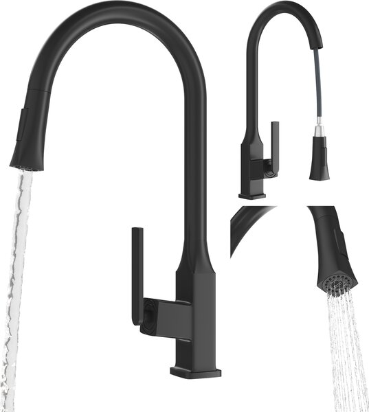 Miscelatore da cucina Granitan | Paso - Nero - Con bocca estraibile - Due tipi di getto - Design elegante
