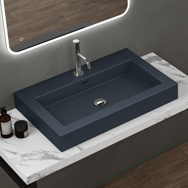 Doporro Lavabo da Appoggio Rettangolare, Lavabo Bagno Sospeso con Foro Rubinetto e Troppopieno in Marmo Resina Antracite Opaco, Lavandino Bagno 73x48x10cm Colossum18