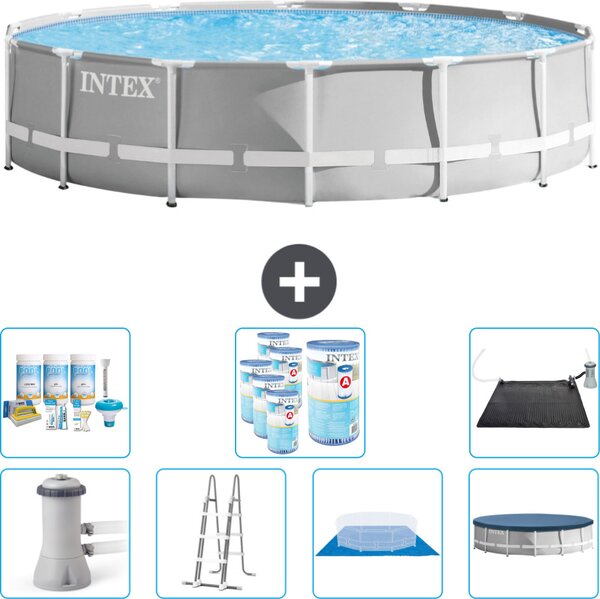 Piscina Intex Round Prism Frame - 427 x 107 cm - Grigio - inclusa pompa - scaletta - telo di fondo - pacchetto di manutenzione della copertura - filtro - tappetino solare