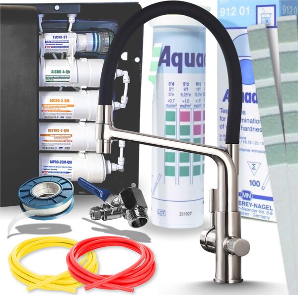 Rubinetto da cucina a 3 vie Ari Flexible con doccetta estraibile e girevole 360, acciaio inox satinato, per filtro acqua