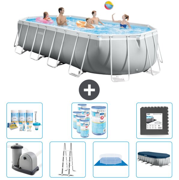 Piscina Intex Oval Prism Frame - 610 x 305 x 122 cm - Grigio - inclusa pompa - scaletta - telo di fondo - pacchetto di manutenzione della copertura - filtro - piastrelle per il pavimento