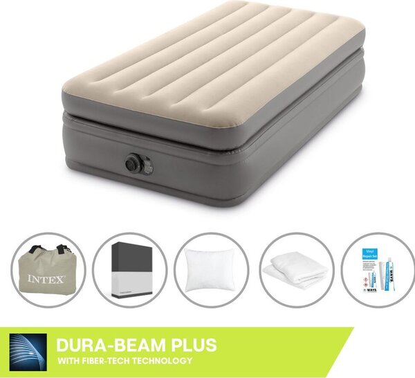 Intex Airbed - 1 persona - 99 x 191 x 51 cm - Grigio - Con pompa incorporata, lenzuolo nero, cuscino, federe Molton 2 in 1 e set di riparazione