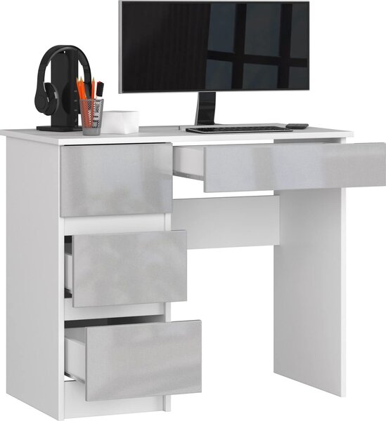 BDW Scrivania per ufficio con 4 cassetti, scrivania per videogiochi, bianco/grigio sinistro lucido