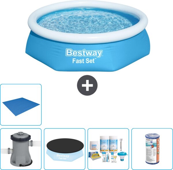 Piscina gonfiabile rotonda Bestway Fast-Set - 244 x 61 cm - blu - inclusa copertura della pompa - pacchetto di manutenzione - filtro - telo di protezione