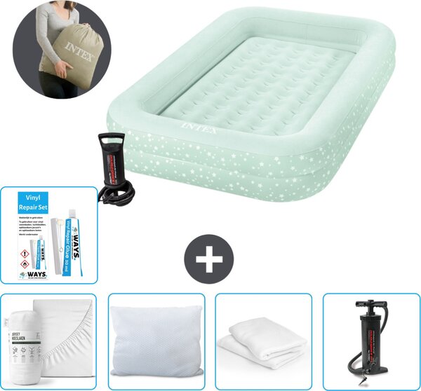 Materasso gonfiabile Intex Kidz - 1 persona - 107 x 168 x 25 cm - Verde menta - Comprensivo di pompa - lenzuolo di montaggio - bacio - pompa - set di riparazione e protezione per cuscino