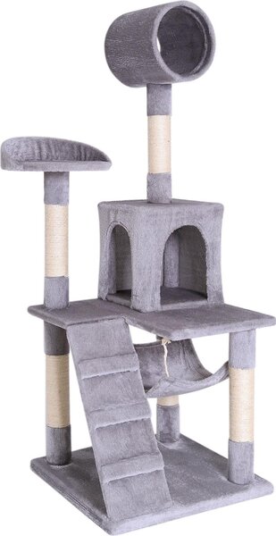 Tiragraffi lionto, elegante albero per gatti da 133 cm con copertura in peluche, robusti pali in sisal e versatili aree di riposo, grigio chiaro