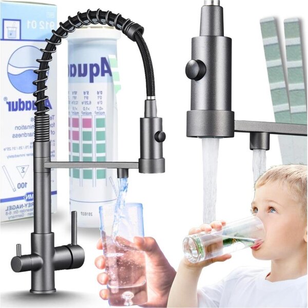 Rubinetto da cucina a 3 vie Ari Solid Spring, con doccetta estraibile e beccuccio girevole 360, grafite antracite