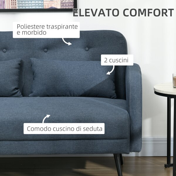 HOMCOM Divano 2 Posti con Rivestimento in Tessuto e 2 Cuscini, 135x74x82cm Blu Scuro|Aosom