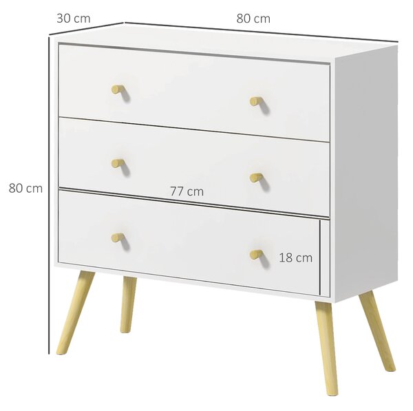 HOMCOM Cassettiera 3 Cassetti con Maniglie in Truciolato e Legno di Pino per Soggiorno e Camera da Letto, 80x30x80 cm, Bianco|Aosom