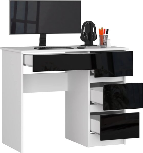 BDW scrivania da ufficio con 4 cassetti, scrivania da gioco, bianco/nero lucido destro