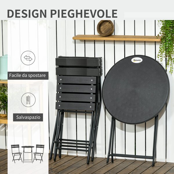 Outsunny Set da Giardino 3 Pezzi con 2 Sedie e Tavolo Pieghevoli in Acciaio e HDPE, Grigio Scuro