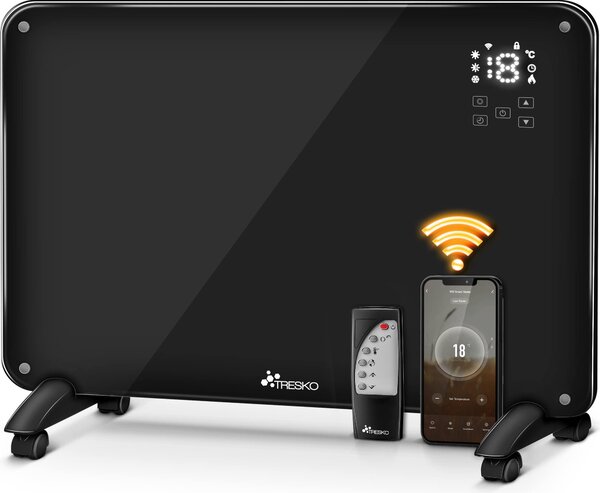 Stufa a convezione in vetro da 2000 Watt - Stufa elettrica da pavimento con telecomando - Colore nero
