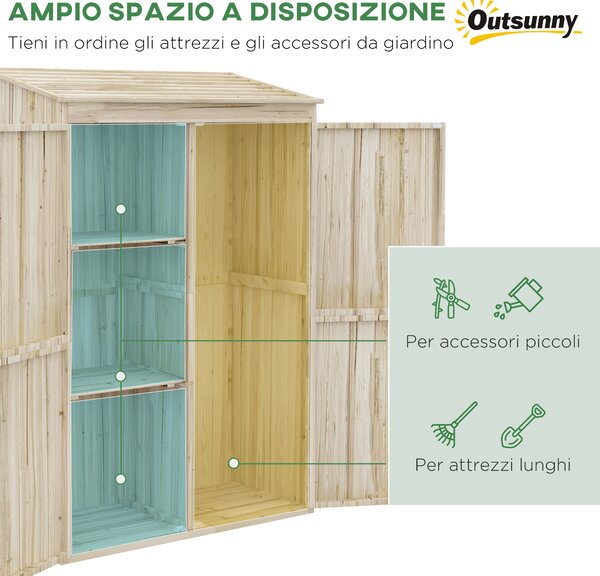 Outsunny Casetta da Giardino in Legno di Abete con 2 Porte e Ripiani, 120x57x183cm, Naturale