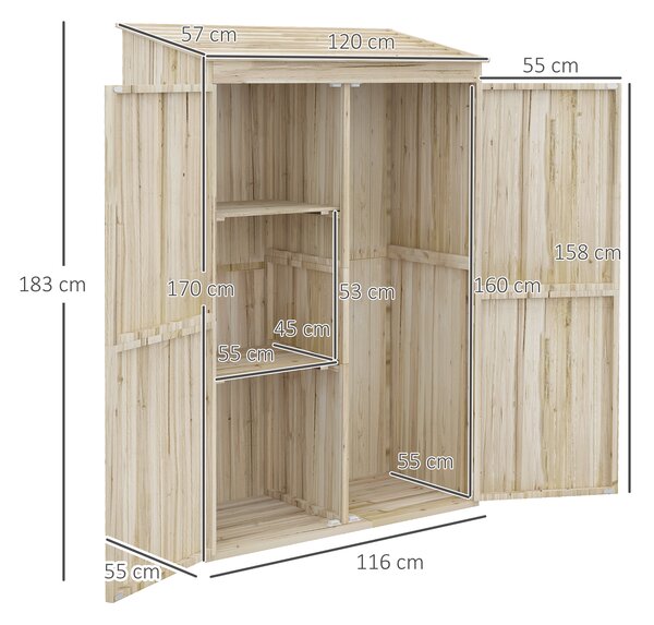 Outsunny Casetta da Giardino in Legno di Abete con 2 Porte e Ripiani, 120x57x183cm, Naturale