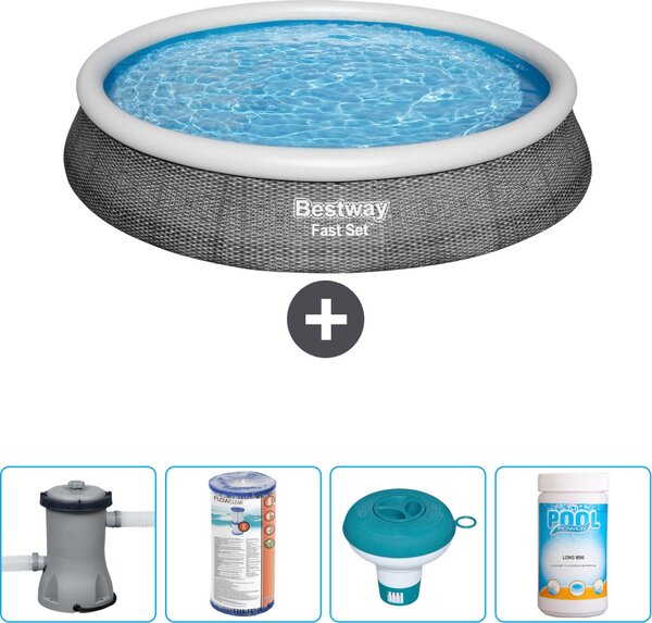 Bestway piscina gonfiabile rotonda ad ambientazione rapida - stampa rattan - 396 x 84 cm - inclusa pompa filtro - galleggiante cloro - cloro