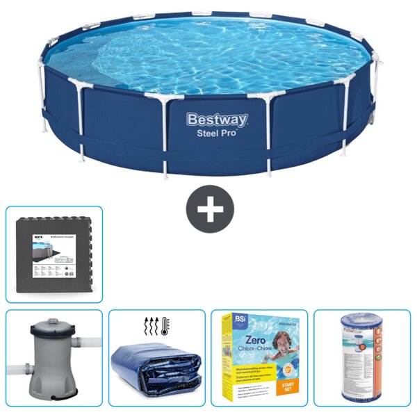 Piscina Bestway Round Steel Pro - 396 x 84 cm - blu - pompa inclusa - tenda da sole - pacchetto manutenzione - filtro - pavimento in piastrelle
